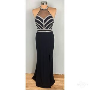 DJ Jaz Halter Neck Embellished Evening Gown Slit Open Back Rhinestone Navy Sz 1